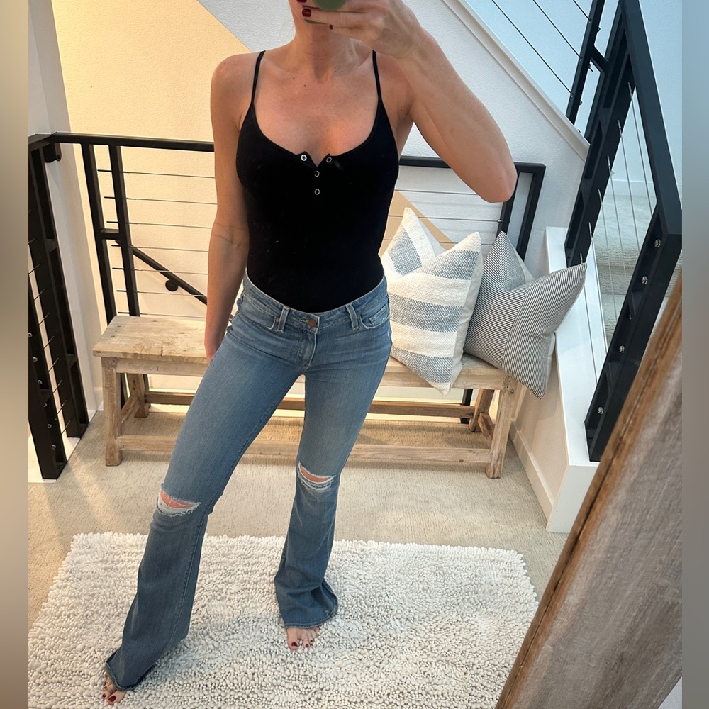 PAIGE Lou Lou Flare Jeans Low Rise Distressed Blue Denim | Size 27 - Picture 1 of 13